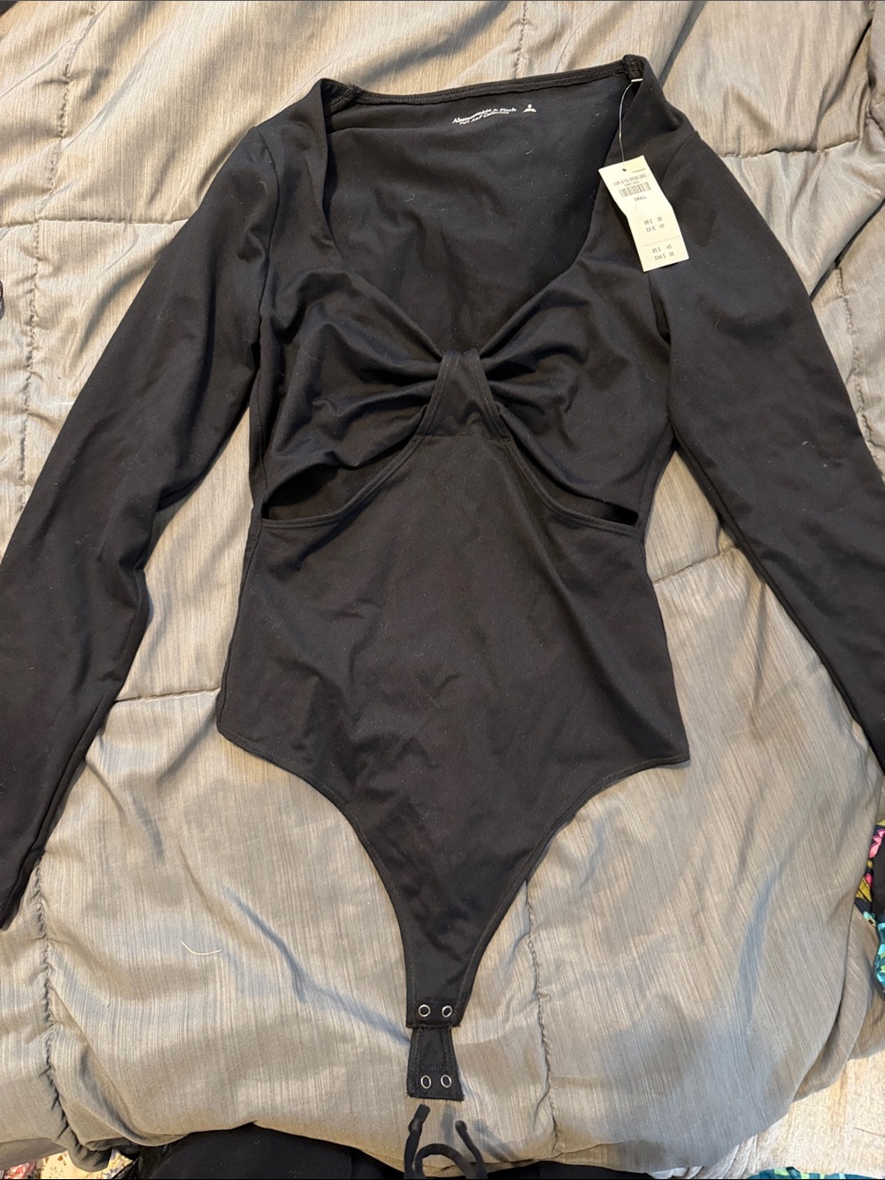 Abercrombie & Fitch Black Long-Sleeve Twist-Front cut outs One-Piece Bodysuit